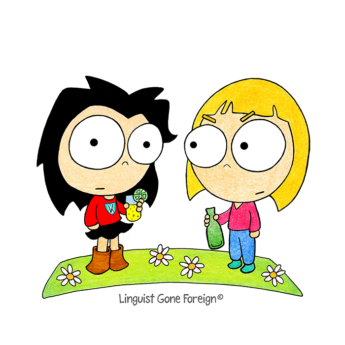 Illustration showing the protagonist and the blonde woman. She is frowning while the protagonist looks at the reader.
